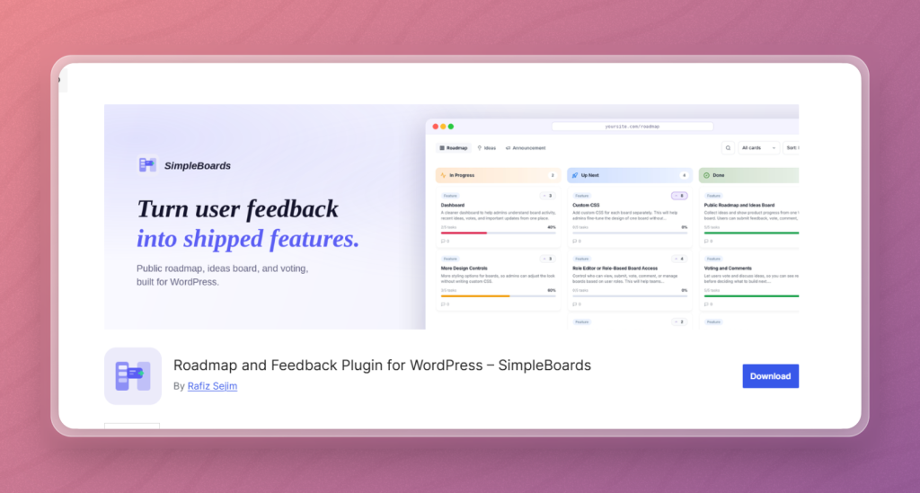SimpleBoards feedback plugin dashboard for Canny alternatives