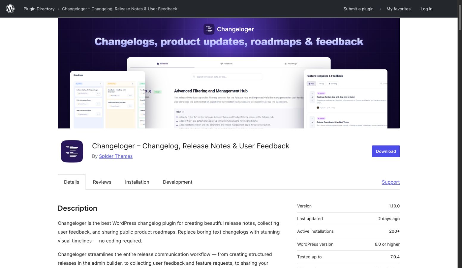Changeloger plugin page on WordPress.org showing its official banner, plugin name and download information
