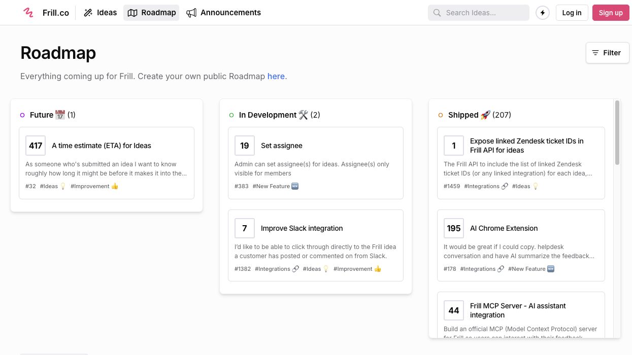 Frill public product roadmap for ideas and announcements