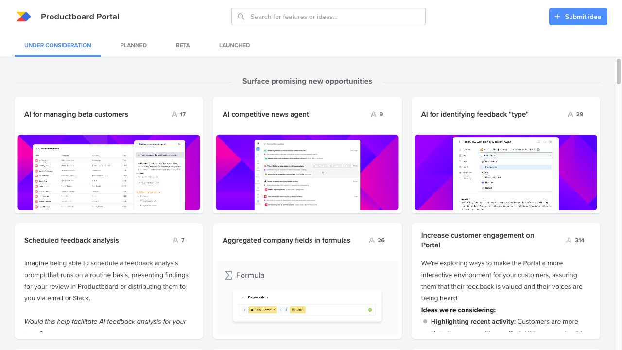 Productboard customer-facing product portal