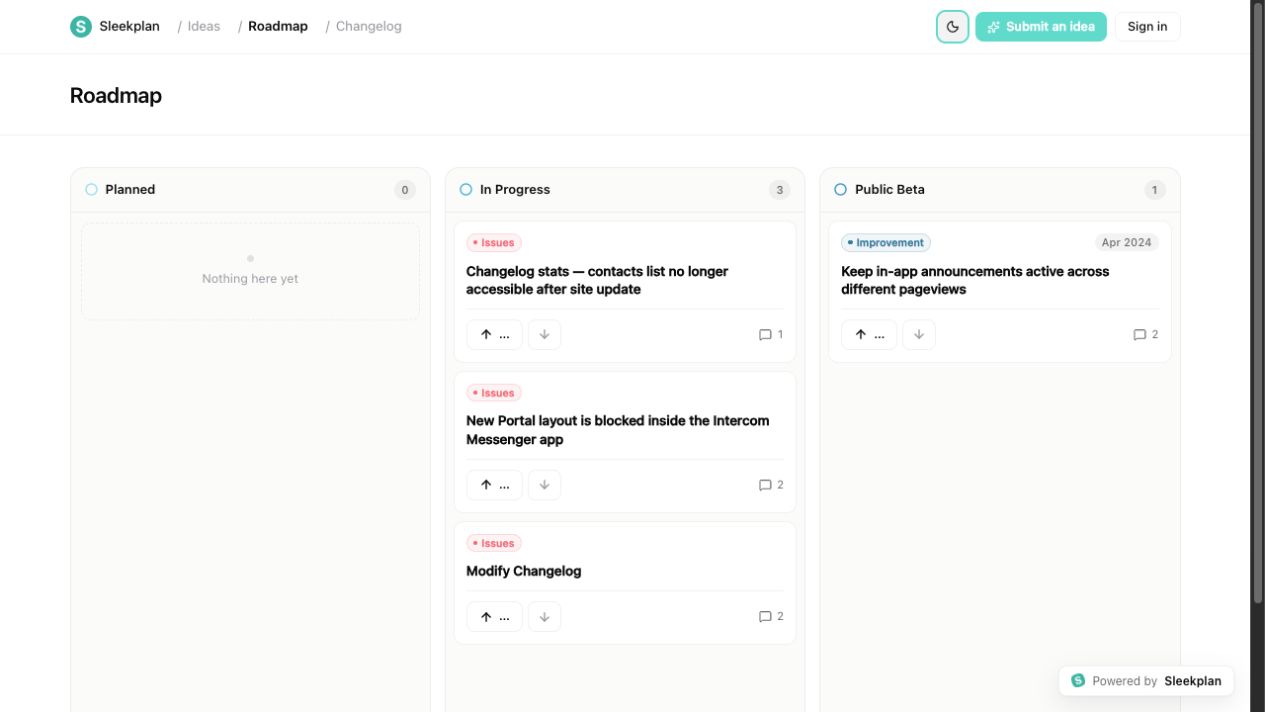 Sleekplan public roadmap showing planned and in-progress feedback