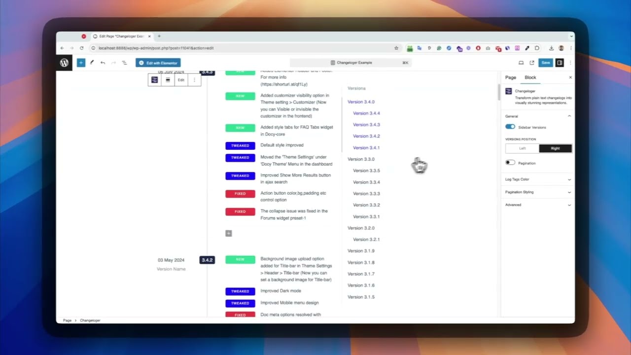 Self-hosted Headway alternative for WordPress: the Changeloger block in the block editor with version sidebar settings