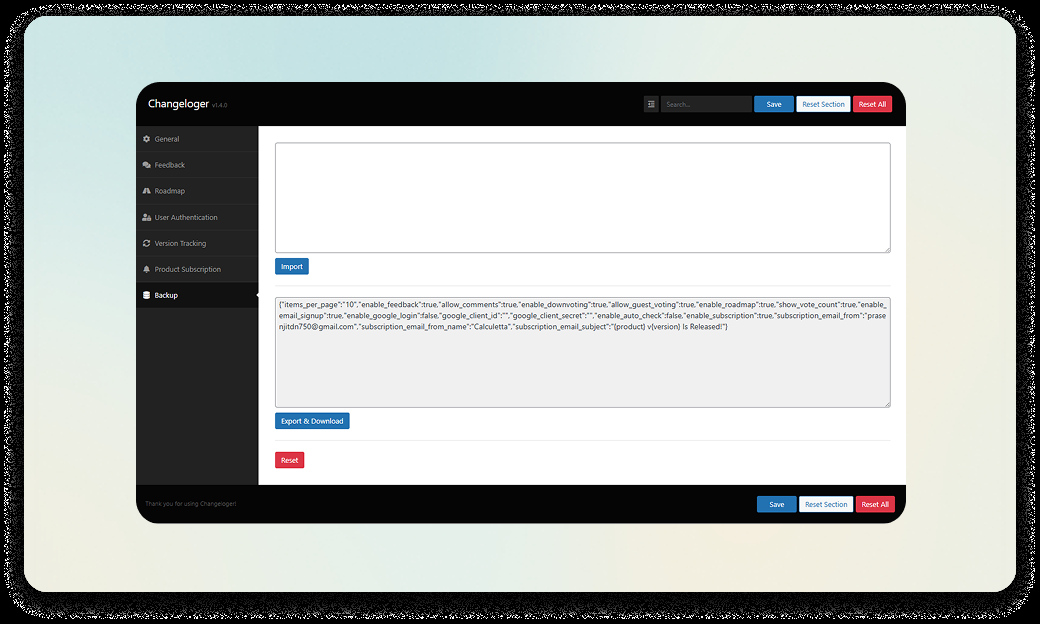 Changeloger settings screen with General, Feedback, Roadmap, User Authentication, Product Subscription and Backup tabs