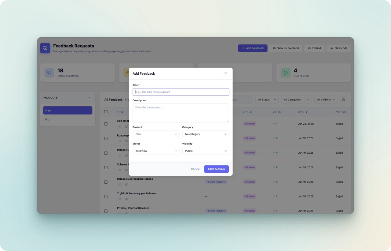 Adding a request to a feature request board for WordPress in the Changeloger admin with category, status and visibility fields