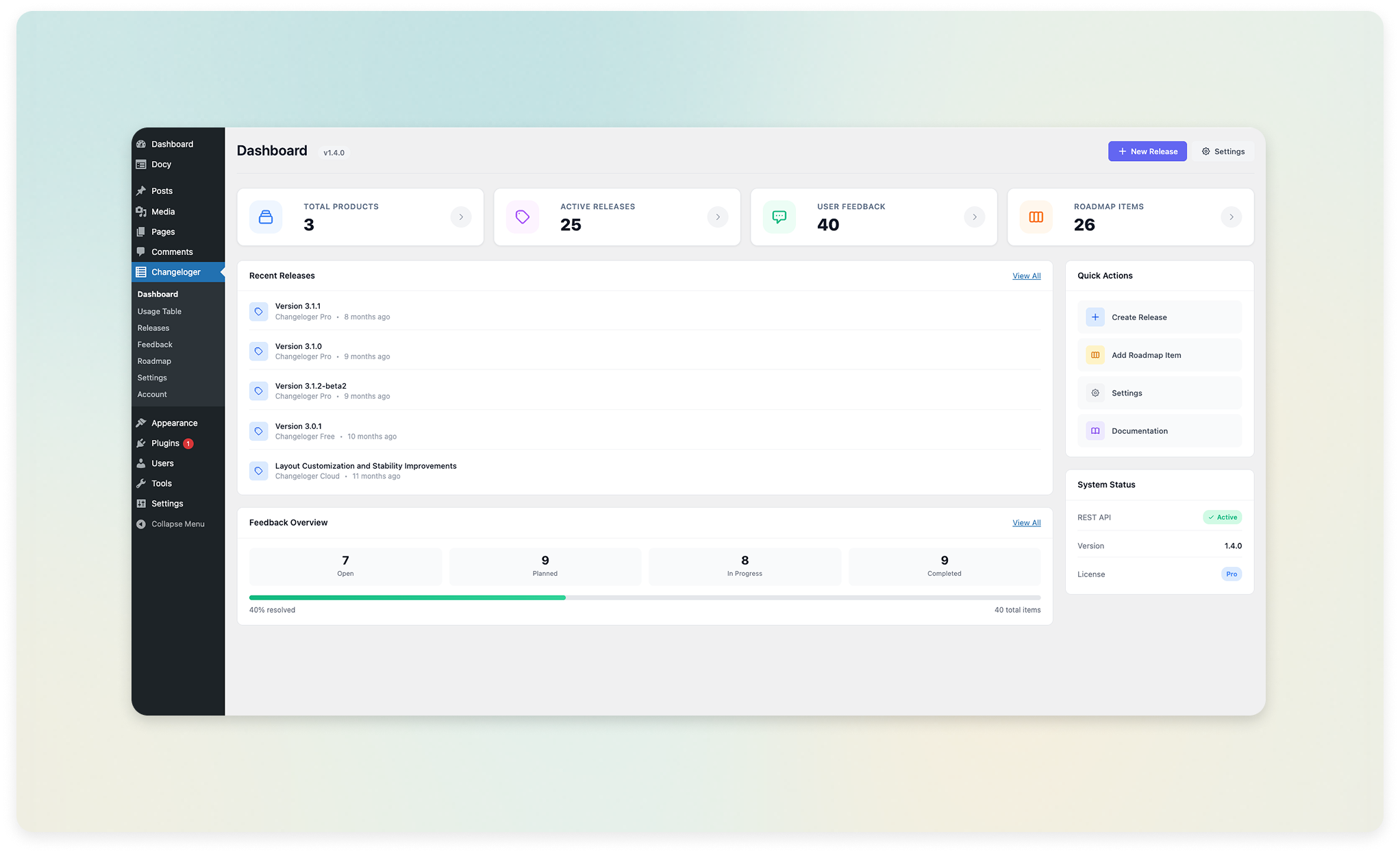 Changeloger dashboard with feedback status overview and roadmap item counts for turning user feedback into a roadmap