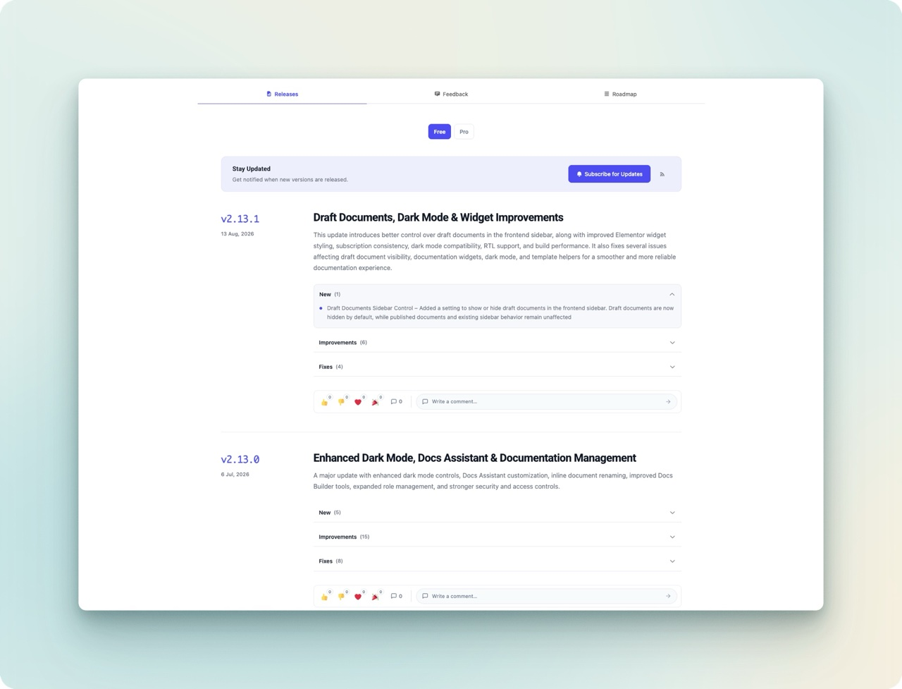Changeloger frontend Release Hub with release notes, subscriptions, and change categories