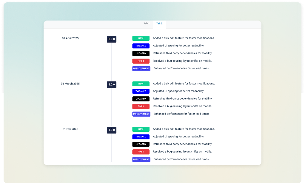 Changeloger Tabbed Changeloger block frontend showing multiple product changelog tabs