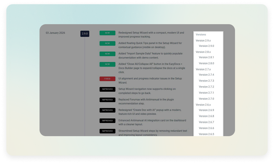 Changeloger version sidebar navigation beside a visual changelog