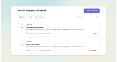 Feature request board for WordPress built with the Changeloger feedback board showing votes and status badges