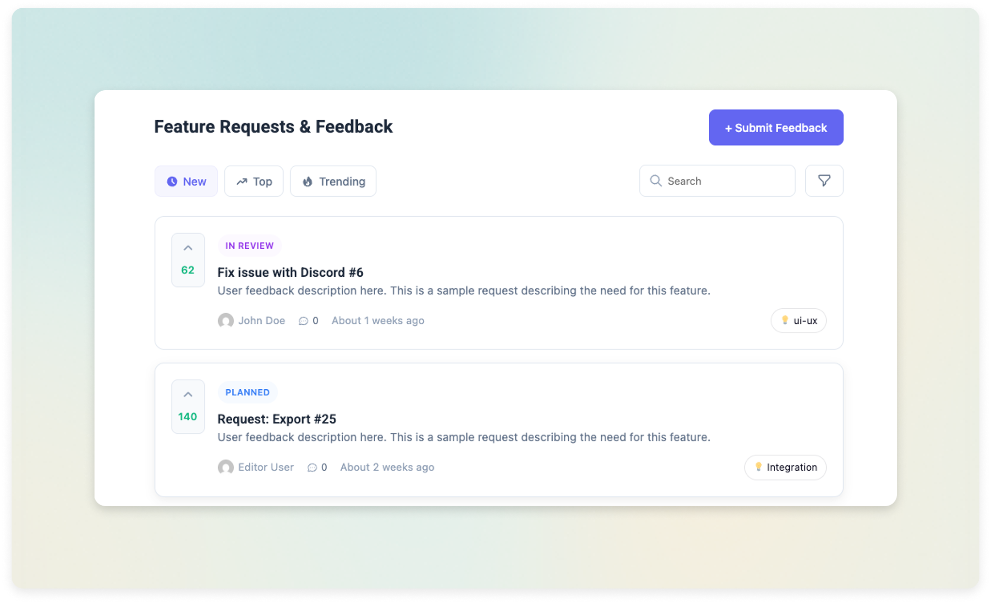 Feature request board for WordPress built with the Changeloger feedback board showing votes and status badges