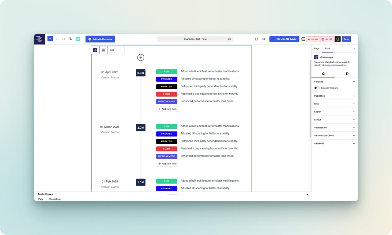 Good WordPress plugin changelog with color-coded New, Improved and Fixed tags in the Changeloger block editor