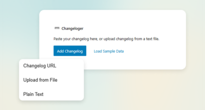 WordPress plugin changelog page: Changeloger block with Changelog URL, Upload from File and Plain Text options