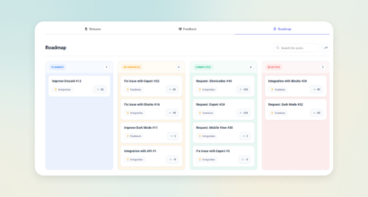 Public roadmap for WordPress plugin shown as a Changeloger Kanban board with Planned, In Progress, Completed and Rejected columns