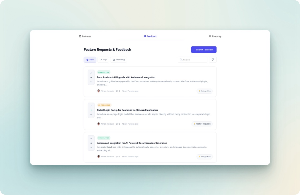 WordPress feedback board showing feature ideas with upvote counts, status filters and submit feedback