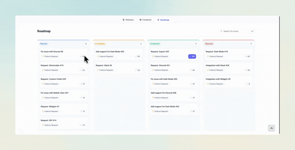 WordPress user feedback plugin voting controls showing upvote counts on feedback cards