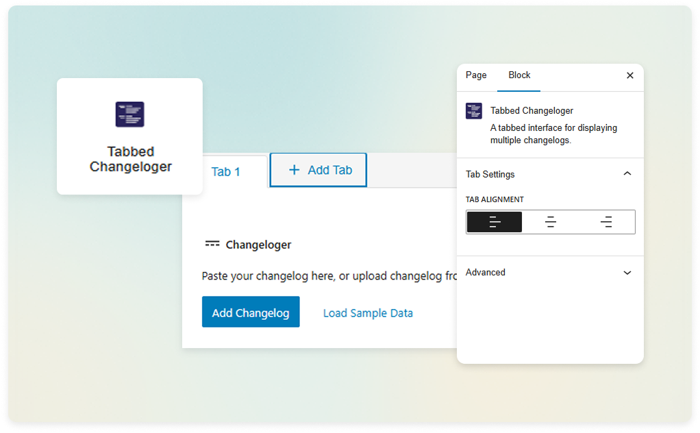 Tabbed Changeloger block on a WordPress plugin changelog page with Tab 1 and an Add Tab button