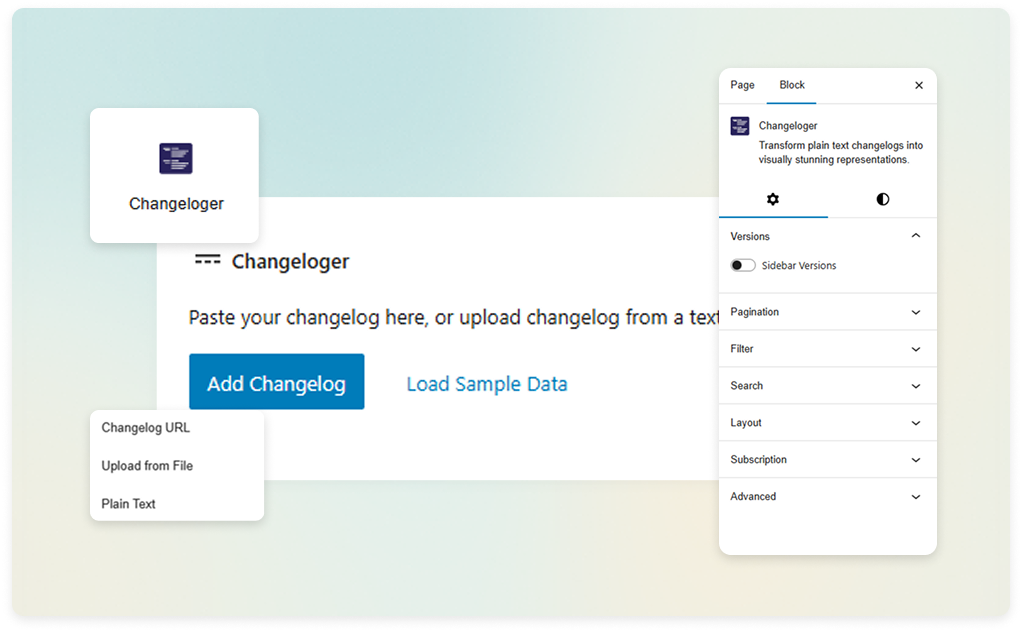 WordPress plugin changelog page built with the Changeloger block, showing the Add Changelog menu and sidebar settings