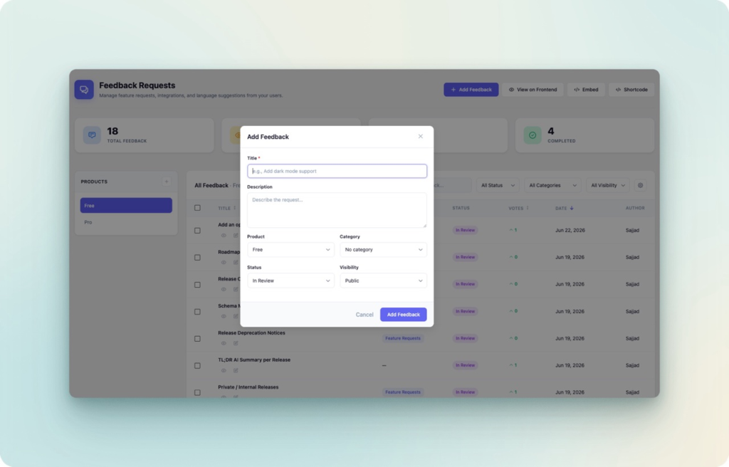 WordPress user feedback plugin admin screen to organize requests by status and category